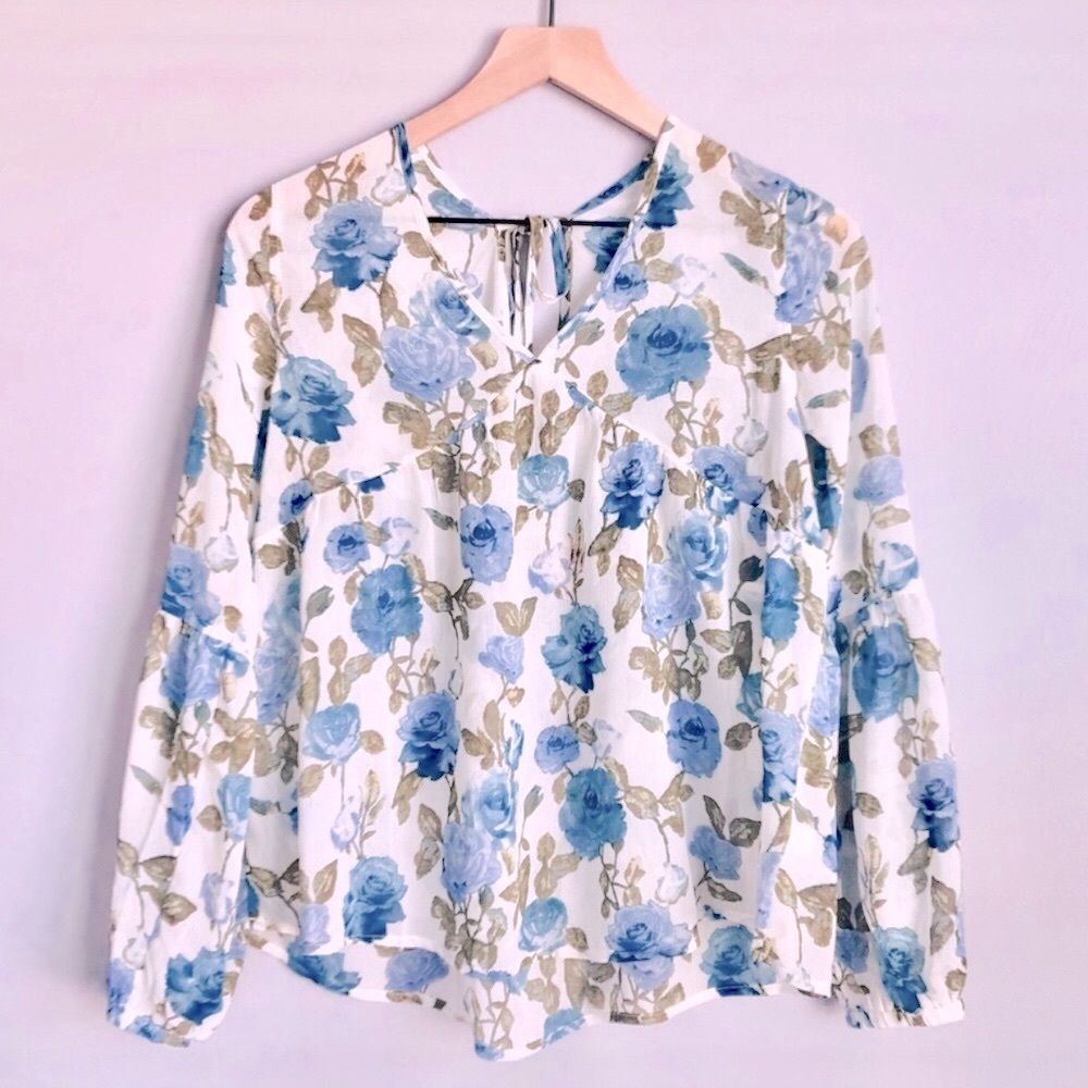 New Floral Print Boho Tie Back Sheer Chiffon Mossimo Blue White Blouse Top XS